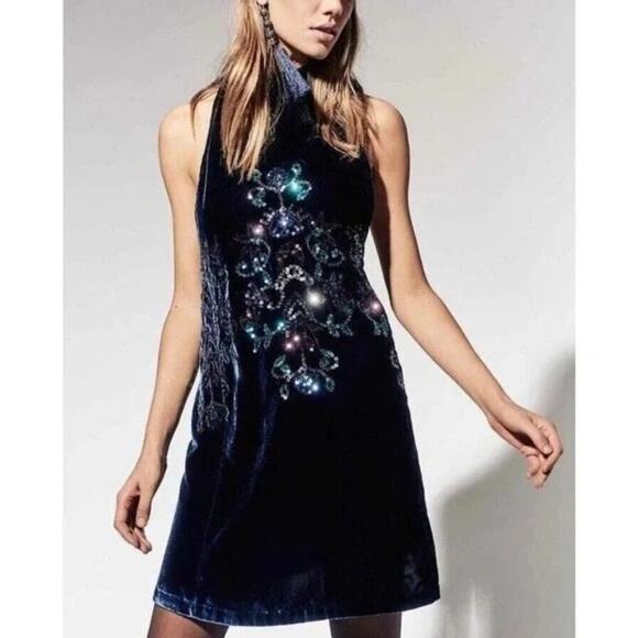 NWT Free People Jill Sequin Swing Mini Dress Navy Velvet Halter Size M Medium - Picture 1 of 10